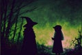 A young girl and a sorceress gaze upon each other within the confines of a forest. Fantasy concept , Illustration painting.