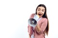 Young girl speaks into megaphone.