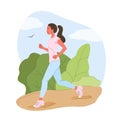 A young girl spends time outdoors. Vector illustration of the cartoon happy woman jogging in the park in summer Royalty Free Stock Photo