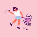 Young girl in sportswear is holding racket and tennis ball. And lettering text Girl Power. Concept of an active lifestyle and Royalty Free Stock Photo