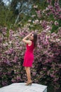 Young girl stand in front of sakura tree. Spring outside. Pink Blossom tree Royalty Free Stock Photo