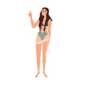 Young girl standing in bikini, beachwear. Happy slim thin woman in swimwear gesturing peace victory sign. Modern female