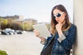 Young girl standing on the college campus yard studying Royalty Free Stock Photo