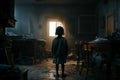 Young girl standing on the floor of a dark, abandoned room.