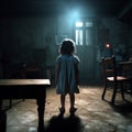Young girl standing on the floor of a dark, abandoned room.