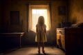 Young girl standing on the floor of a dark, abandoned room.