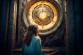 Young girl standing in front of ancient magical eye in old temple. Postproducted generative AI illustration.Generative AI