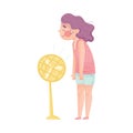 Young Girl Standing in Front of Fan and Enjoying Because of Hot Weather Vector Illustration