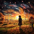 A young girl standing on a hill in the middle of wind turbines, generative ai