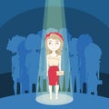 Young Girl Standing Out Crowd In Spotlight Over Silhouette People Group Background Royalty Free Stock Photo