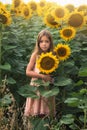 Young girl standing in sunflower field and holding sunflower Royalty Free Stock Photo