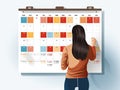 A young girl stands at the blackboard with a calendar and calculates women\'s days. White background. Generated by AI