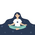 Young girl with stars in the hair relaxing in lotos pose. Kids meditation and yoga concept vector illustration