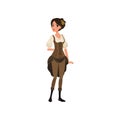Young girl in steampunk costume. Woman wearing chemise blouse, pants, corset and boots. Fancy festival dress. Flat