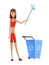 Young girl with stick and dump. Garbage collection. Volunteer collect garbage. Plastic pollution awareness, environment