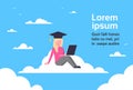 Young Girl Student Graduate Sitting On Cloud With Laptop, Education Online Technology Concept