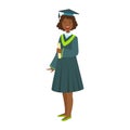 Young girl in student mantle holding diploma. Colorful cartoon illustration