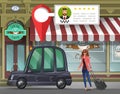 Young girl with suitcase goes in the London taxi for a working trip on the background of cafe with taxi service app.