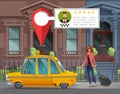 Young girl with suitcase goes in the New York taxi for a working trip on the background of houses with taxi service app.