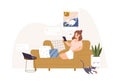 Young girl surfing internet and social media sitting at sofa. Digital addiction, remote conversation and online meeting