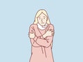 Young Girl in sweater and scarf shivering from cold feel sick simple korean style illustration Royalty Free Stock Photo