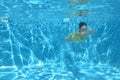 Young girl swimmer swimming under water in pool and has fun, teenager diving underwater, family vacation, sport and fitness Royalty Free Stock Photo