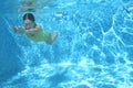 Young girl swimmer swimming under water in pool and has fun, teenager diving underwater, family vacation, sport and fitness Royalty Free Stock Photo