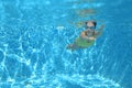 Young girl swimmer swimming under water in pool and has fun, teenager diving underwater, family vacation, sport and fitness Royalty Free Stock Photo
