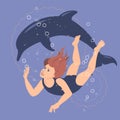 Young girl swimming with dolphin flat style vector illustration. Royalty Free Stock Photo