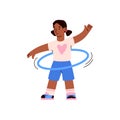 Young girl in t-shirt with heart and shorts spinning blue hula hoop flat style