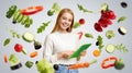 Young girl with tablet computer on grey background, collage with flying veggies. Panorama