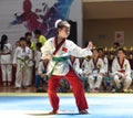 A young girl in a Taekwondo competiton Royalty Free Stock Photo