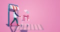 Young girl takes a shopping cart And enjoy online shopping through smartphones, Choose to buy gifts valentine`s day concepts