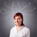 Young girl thinking with arrows overhead