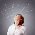 Young girl thinking with arrows overhead