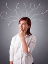 Young girl thinking with arrows overhead