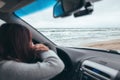 Car trip by cold sea in winter Royalty Free Stock Photo