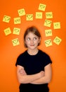 Young Girl Thinking and Sticky Notes