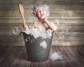 Young Girl in Tin bath with bubbles