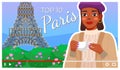 Young girl with top 10 list of Paris, frenchwoman with cup at Eiffel Tower background, videoplayer