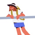 Young girl tourist, explorer travels on summer holiday. Female backpacker, teen traveler looking down, leaning on rail