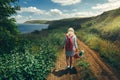 Young Girl Tourist, View From Behind, Walking Along The Road Towards The Sea Concept of Hiking and Adventure Royalty Free Stock Photo