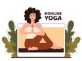 Young girl trainer is doing yoga on a laptop screen. Athletic woman practices meditation and stretching online