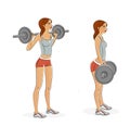 Young girl trains with a barbell. Exercises for the muscles of the buttocks and muscles of the legs. Illustration isolated on