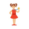 Young girl un a red dress with a first place medal, kid celebrating his golden medal cartoon vector Illustration