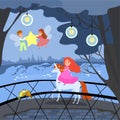 Young girl unicorn ride, fantasy place female male fairy fly around princess and hold star evening compositions flat