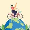 Young girl use bicycle for around world. World bicycle day. Royalty Free Stock Photo