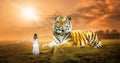 Surreal Fantasy Dream, Tiger, Nature, Girl, Imagination Royalty Free Stock Photo