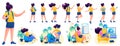 Young girl in various poses and actions, communication, work, training. 2D flat character vector illustration N3 Royalty Free Stock Photo