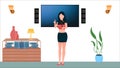 Young girl vlogger with camera flat character illustration on living room background